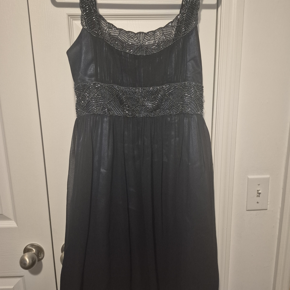 Adrianna Papell Navy Beaded Empire-Waist Asymmetrical Gown